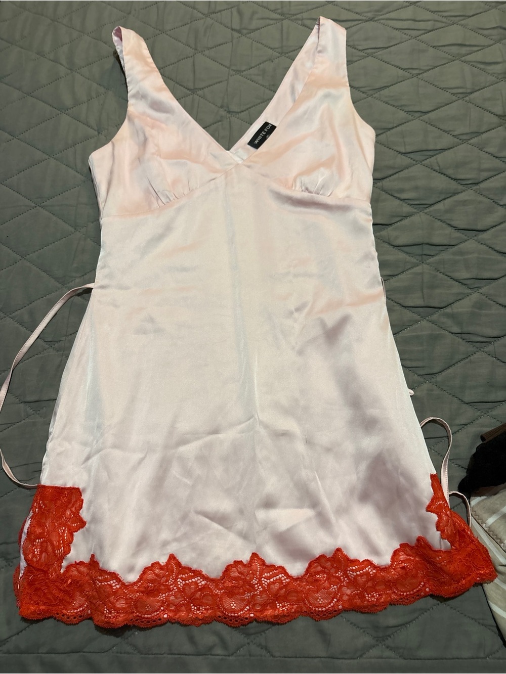White Fox Boutique Blush Satin Slip with Red Lace Hem